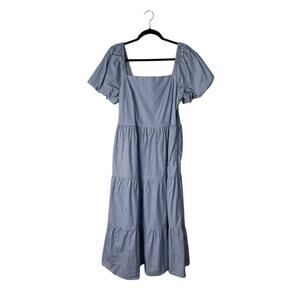 J Crew Tiered Midi Dress Size 12 Blue White Striped Cotton Puff Sleeve Pockets